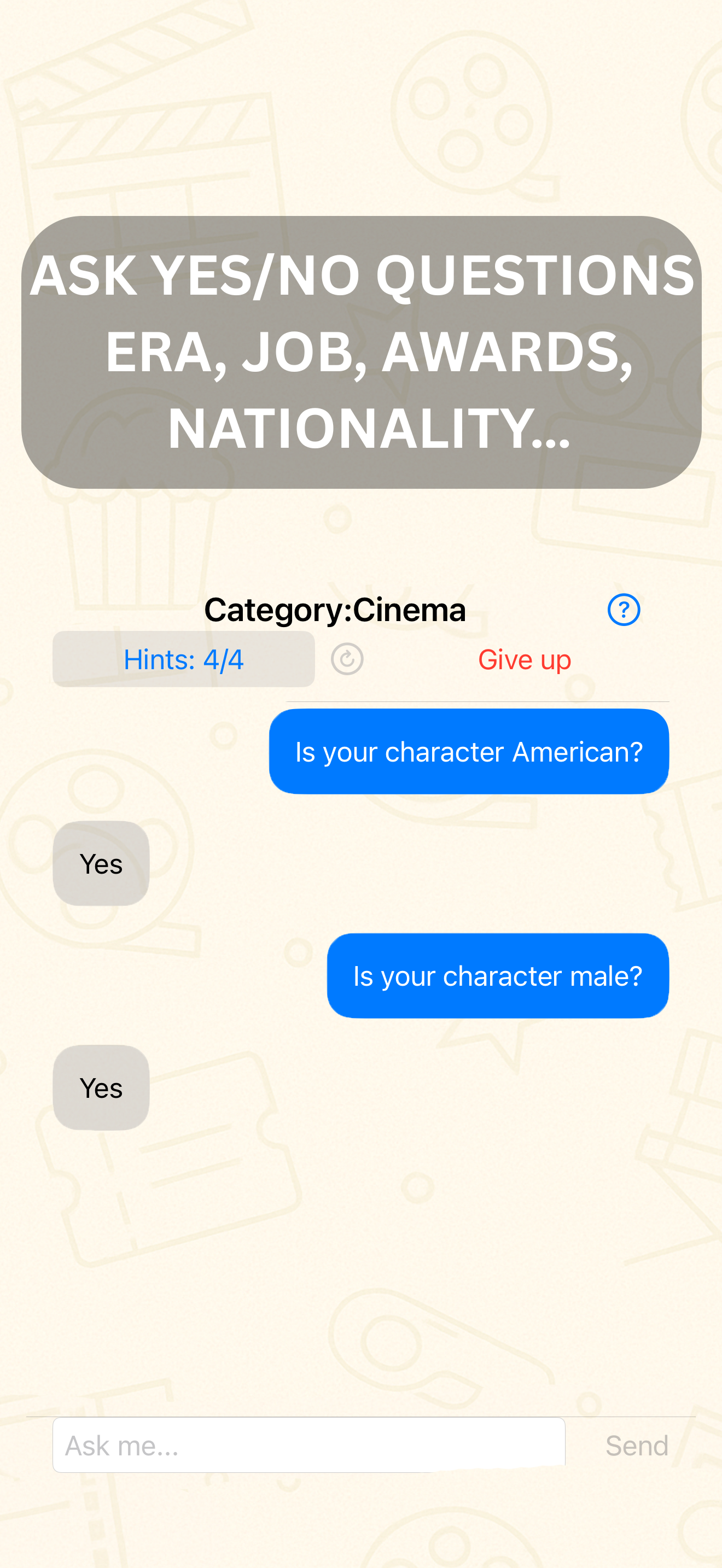 Chat gameplay screen: ask questions